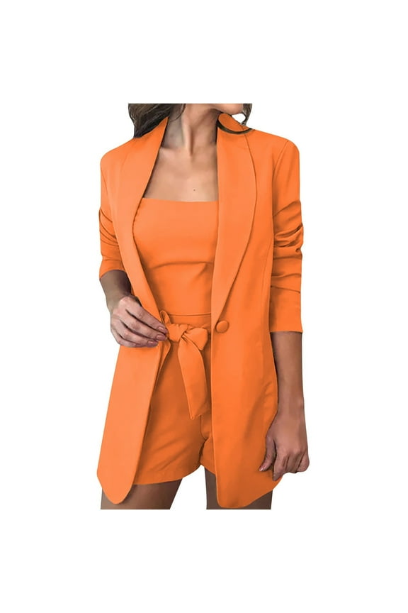 Womens Suits Blazer and Pants Solid Long Sleeve Cardigan Coat Pocket Vest Shorts Suit Orange