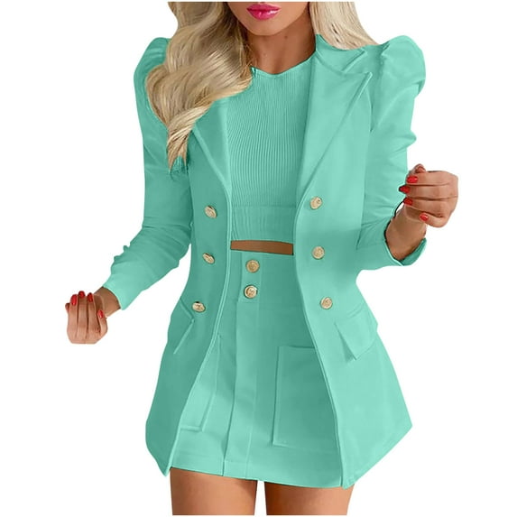 WXLWZYWL Womens Suits Blazer and Skirts Print Long Sleeve Turndown Collar Casual Short Skirt Suits Mint Green