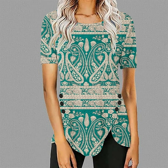 WXLWZYWL Womens Summer Plus Size Tunic Tops Short Sleeve Round Neck Floral Feather Printing Button Down Loose Dressy Trendy Shirts Casual Blouses Trendy Ladies Clothes
