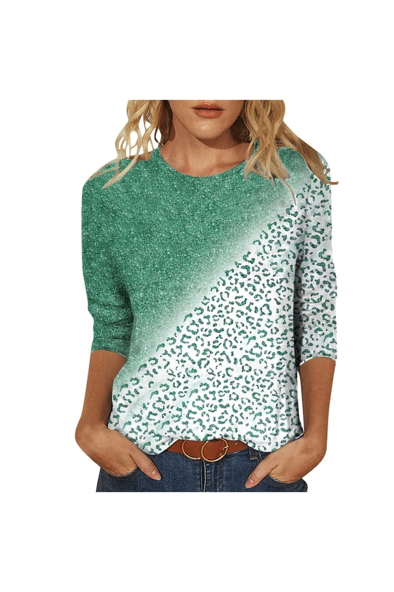Womens Summer Saving Tops Leopard Print Loose T-Shirt 3/4 Sleeve Shirt Round Neck Casual Top Green