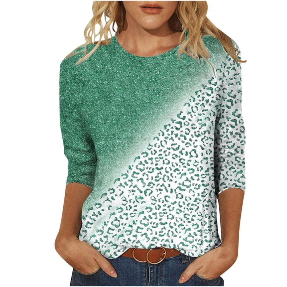 WXLWZYWL Womens Summer Saving Tops Leopard Print Loose T-Shirt 3/4 Sleeve Shirt Round Neck Casual Top Green