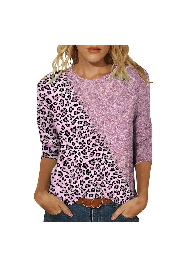 Womens Summer Saving Tops Leopard Print Loose T-Shirt 3/4 Sleeve Shirt Round Neck Casual Top Purple