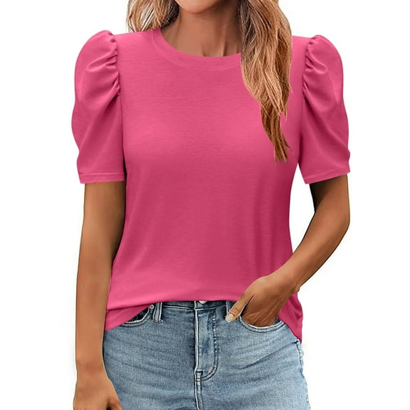 WXLWZYWL Womens Summer Shirt V Neck Casual Tshirts Puff Sleeve Tops for Women Solid Color