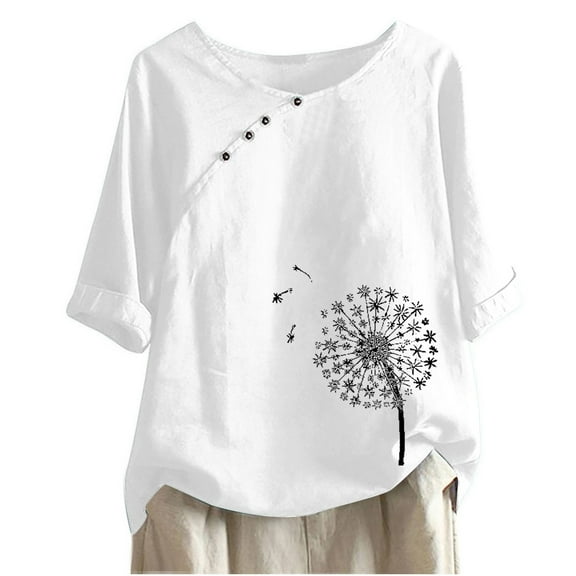 WXLWZYWL Womens Summer Tops 1/2 Sleeve Casual Round Neck Printed Loose Button Tunic Shirt Blouse Tops White