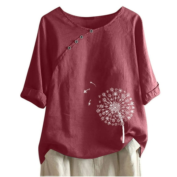 WXLWZYWL Womens Summer Tops 1/2 Sleeve Casual Round Neck Printed Loose Button Tunic Shirt Blouse Tops Wine