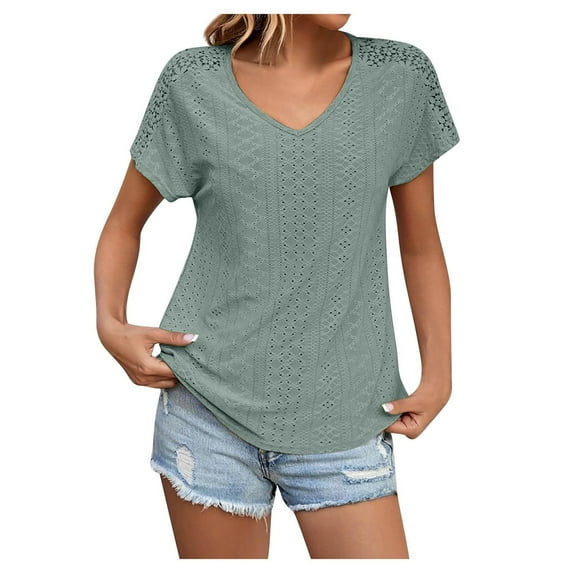 WXLWZYWL Womens Summer Tops Casual Crewneck Short Sleeve T-Shirts Lace Fit Basic Tops Tees Blouses Green