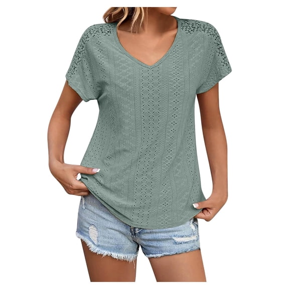 WXLWZYWL Womens Summer Tops Casual Crewneck Short Sleeve T-Shirts Lace Fit Basic Tops Tees Blouses Green