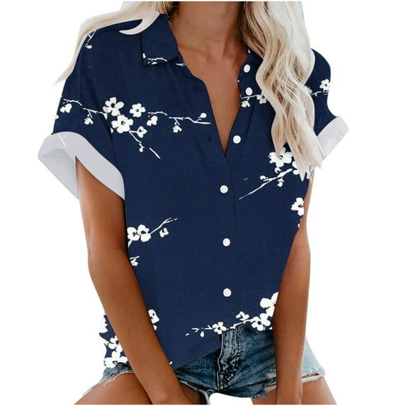 WXLWZYWL Womens Summer Tops Casual Lapel Blouse Short Sleeve Print Loose Shirt Tops Buttons Cardigan Dark Blue