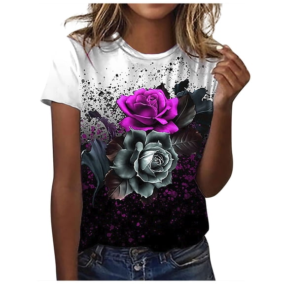 WXLWZYWL Womens Summer Tops Casual Loose Blouse Printing Round Neck T-Shirt Shirts Blouse Print Tee Hot Pink