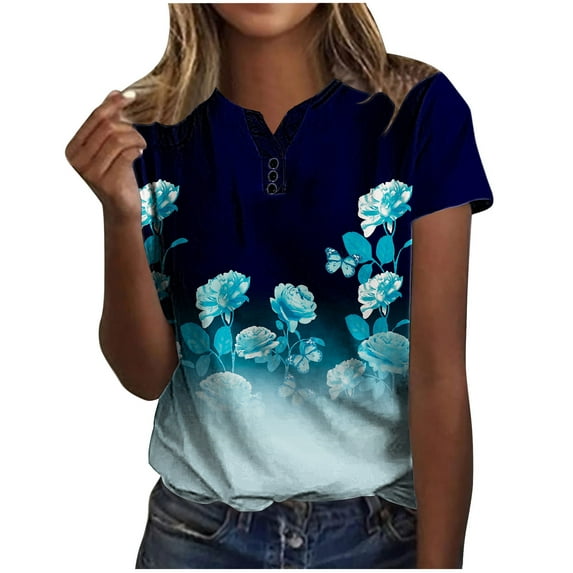 WXLWZYWL Womens Summer Tops Casual Printing Shirts Short Sleeve Loose Tee Tops V Neck Blouse Blue
