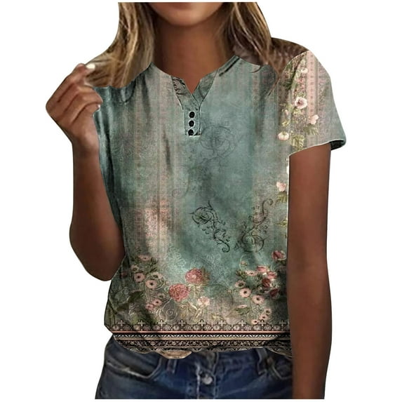 WXLWZYWL Womens Summer Tops Casual Printing Shirts Short Sleeve Loose Tee Tops V Neck Blouse Green