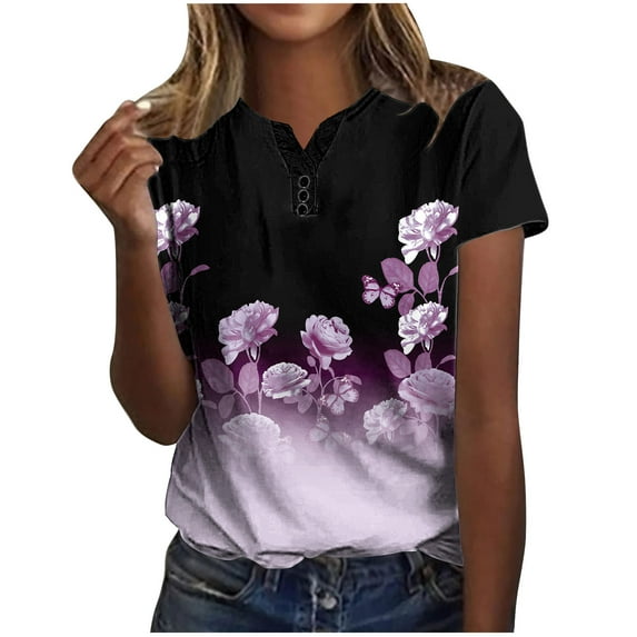 WXLWZYWL Womens Summer Tops Casual Printing Shirts Short Sleeve Loose Tee Tops V Neck Blouse Purple