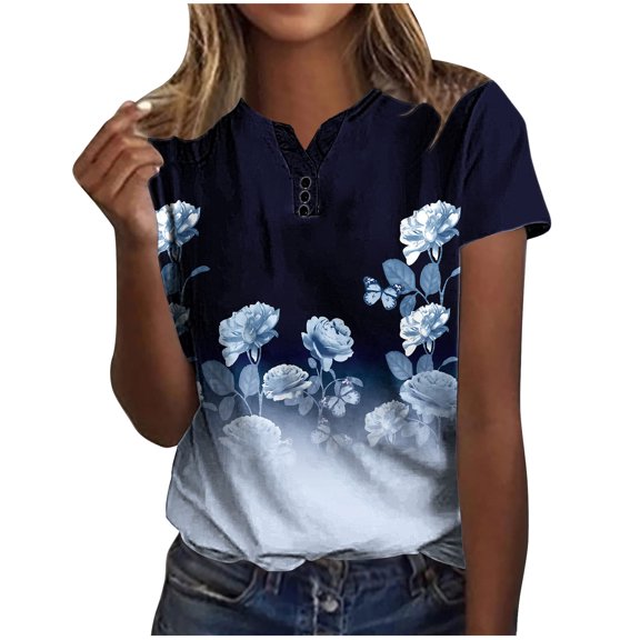 WXLWZYWL Womens Summer Tops Casual Printing Shirts Short Sleeve Loose Tee Tops V Neck Blouse Sky Blue