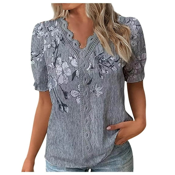 WXLWZYWL Womens Summer Tops Casual Short Sleeve Printed Lace Stitching V-Neck Basic Tunic Tops T-Shirts Blouses Gray