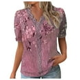thumbnail image 1 of WXLWZYWL Womens Summer Tops Casual Short Sleeve Printed Lace Stitching V-Neck Basic Tunic Tops T-Shirts Blouses Pink, 1 of 5