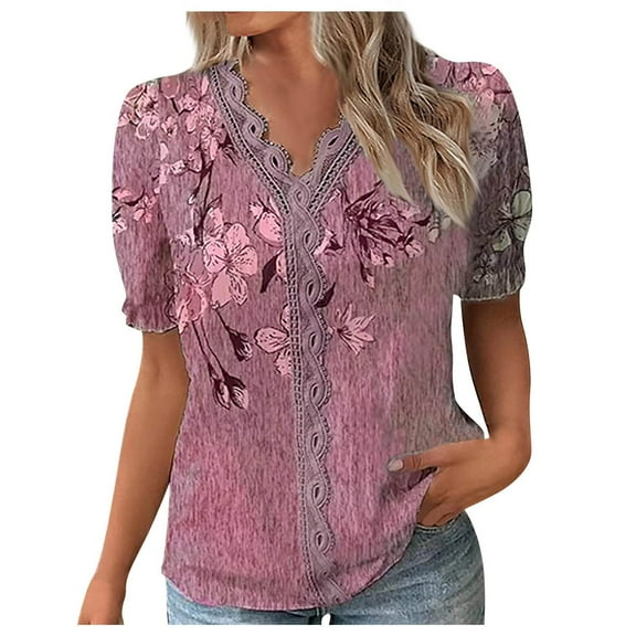 WXLWZYWL Womens Summer Tops Casual Short Sleeve Printed Lace Stitching V-Neck Basic Tunic Tops T-Shirts Blouses Pink