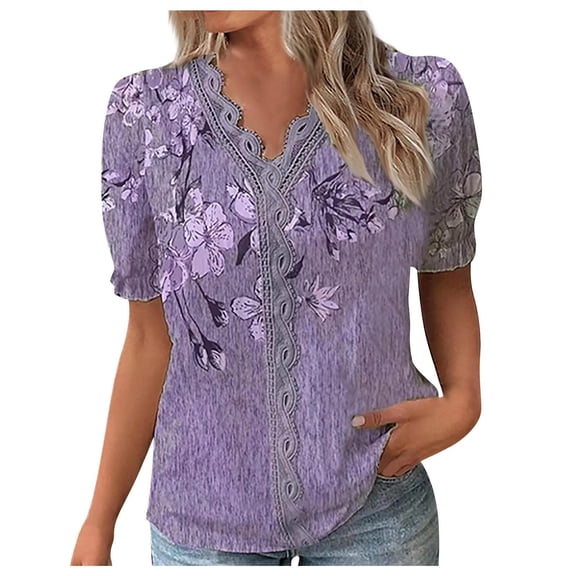 WXLWZYWL Womens Summer Tops Casual Short Sleeve Printed Lace Stitching V-Neck Basic Tunic Tops T-Shirts Blouses Purple