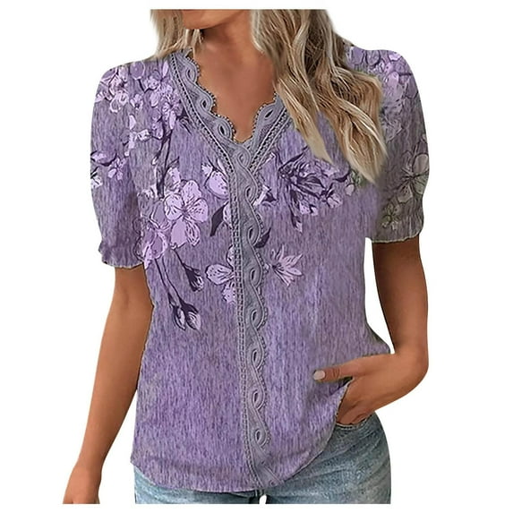 WXLWZYWL Womens Summer Tops Casual Short Sleeve Printed Lace Stitching V-Neck Basic Tunic Tops T-Shirts Blouses Purple