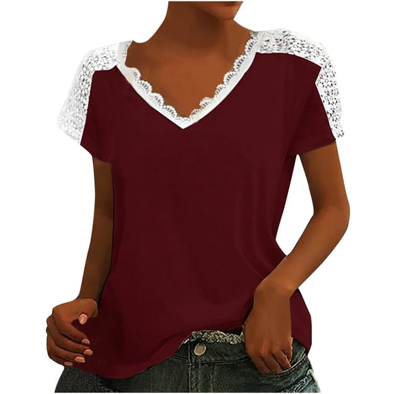 WXLWZYWL Womens Summer Tops Casual V-Neck Bow Short-Sleeved T-Shirt Top Wine
