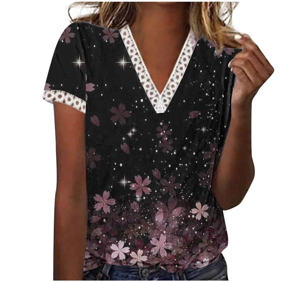 WXLWZYWL Womens Summer Tops 2023 Clearance Casual V-Neck Lace T-Shirt Flowers and Plants Printed Short Sleeved Top Purple