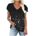 thumbnail image 1 of WXLWZYWL Womens Summer Tops Print V-Neck T-Shirt Short Sleeve Casual Blouse Black, 1 of 5