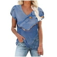 thumbnail image 1 of WXLWZYWL Womens Summer Tops Print V-Neck T-Shirt Short Sleeve Casual Blouse Blue, 1 of 5