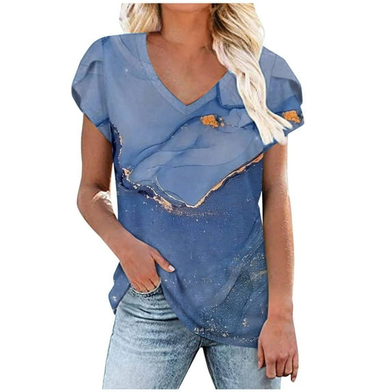WXLWZYWL Womens Summer Tops Print V-Neck T-Shirt Short Sleeve Casual Blouse Blue