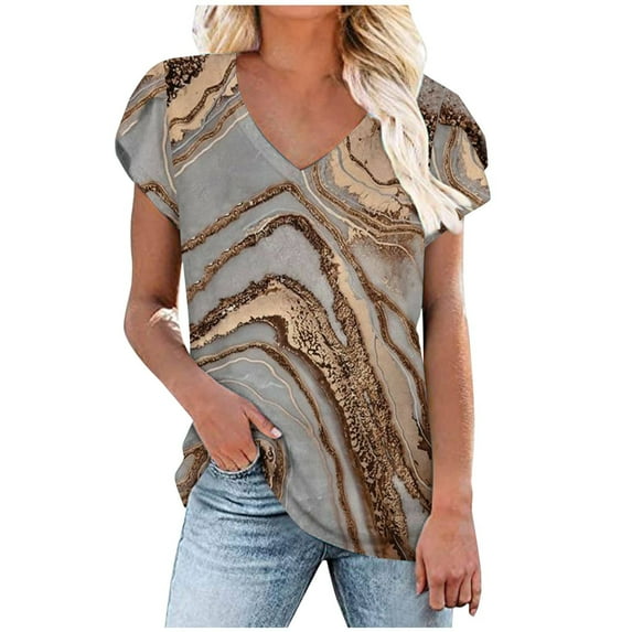 WXLWZYWL Womens Summer Tops Print V-Neck T-Shirt Short Sleeve Casual Blouse Khaki