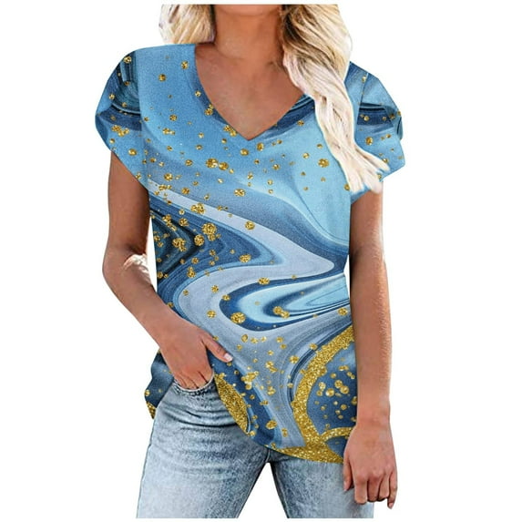WXLWZYWL Womens Summer Tops Print V-Neck T-Shirt Short Sleeve Casual Blouse Light Blue