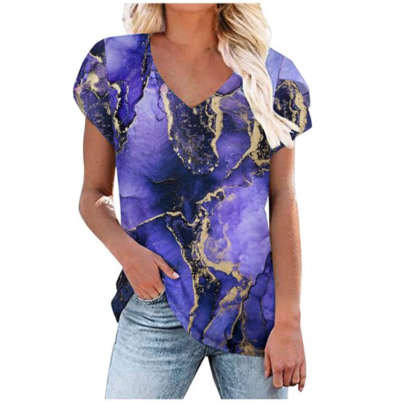 WXLWZYWL Womens Summer Tops Print V-Neck T-Shirt Short Sleeve Casual Blouse Purple