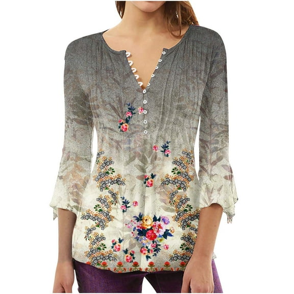 WXLWZYWL Womens Summer Tops Printed Casual V-Neck Short Sleeve Loose T-Shirt Blouse Tops Gray