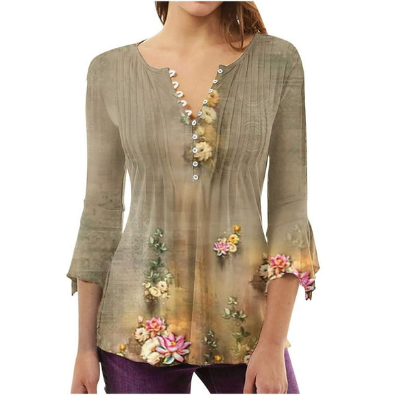 WXLWZYWL Womens Summer Tops Printed Casual V-Neck Short Sleeve Loose T-Shirt Blouse Tops Khaki