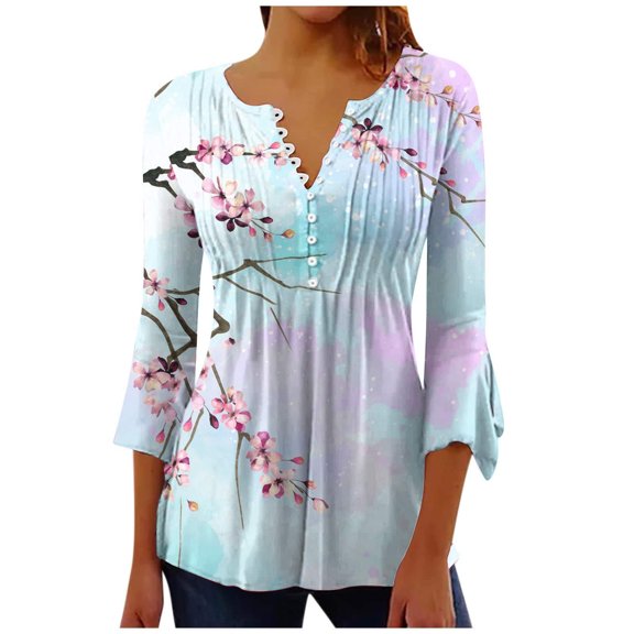 WXLWZYWL Womens Summer Tops Printed Casual V-Neck Short Sleeve Loose T-Shirt Blouse Tops Light Blue