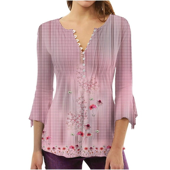 WXLWZYWL Womens Summer Tops Printed Casual V-Neck Short Sleeve Loose T-Shirt Blouse Tops Pink