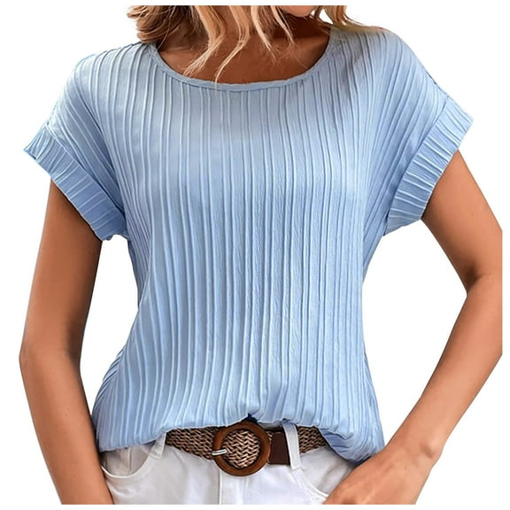 WXLWZYWL Womens Summer Tops Solid Color Round Neck Ripple Pattern Temperament Short Sleeve Blue