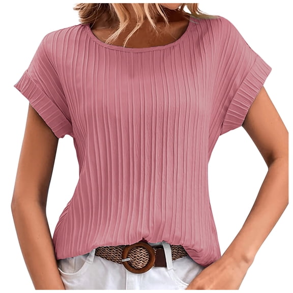 WXLWZYWL Womens Summer Tops Solid Color Round Neck Ripple Pattern Temperament Short Sleeve Watermelon Red