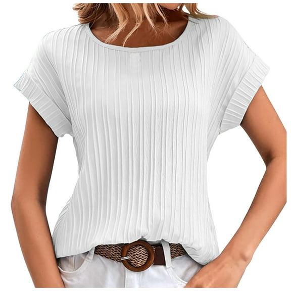 WXLWZYWL Womens Summer Tops Solid Color Round Neck Ripple Pattern Temperament Short Sleeve White