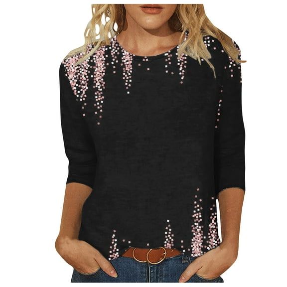 WXLWZYWL Womens Summer Tops T-Shirt Mid-Length 3/4 Sleeves Blouse Round Neck Casual Tops Black