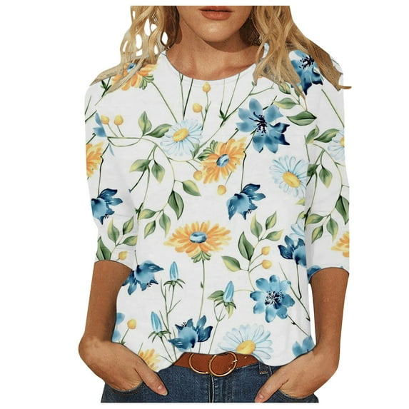 WXLWZYWL Womens Summer Tops T-Shirt Mid-Length 3/4 Sleeves Blouse Round Neck Casual Tops Blue