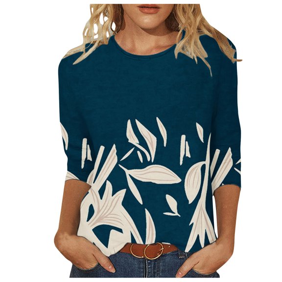 WXLWZYWL Womens Summer Tops T-Shirt Mid-Length 3/4 Sleeves Blouse Round Neck Casual Tops Green