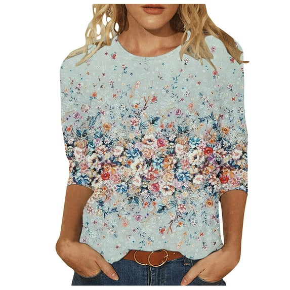 WXLWZYWL Womens Summer Tops 2023 Clearance T-Shirt Mid-Length 3/4 Sleeves Blouse Round Neck Casual Tops Green