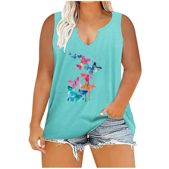 WXLWZYWL Womens Summer Tops 2023 Clearance Trendy Printed V Neck Sleeveless Tee Shirts Casual Tee Sky Blue