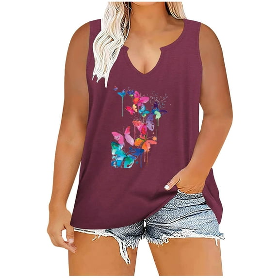 WXLWZYWL Womens Summer Tops 2023 Clearance Trendy Printed V Neck Sleeveless Tee Shirts Casual Tee Wine