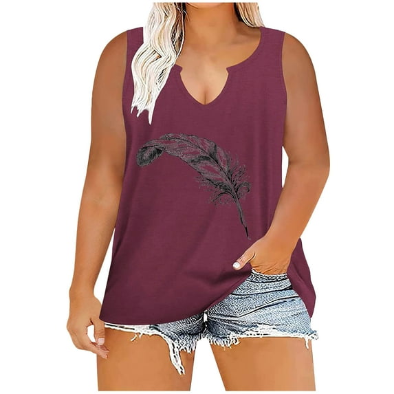 WXLWZYWL Womens Summer Tops Trendy Printed V Neck Sleeveless Tee Shirts Casual Tee Wine