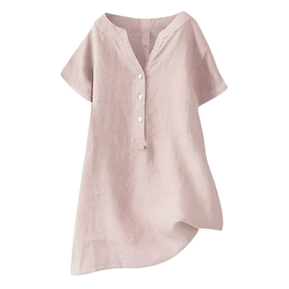 WXLWZYWL Womens Summer Tops V-Neck Short Sleeve Loose Button Cotton and Linen Tunic Shirts Shirts Blouse Pink