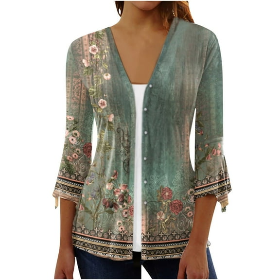WXLWZYWL Womens Summer Tops Women Summer 3/4 Sleeve Cardigan Solid Color Casual Blouse Tops Army Green