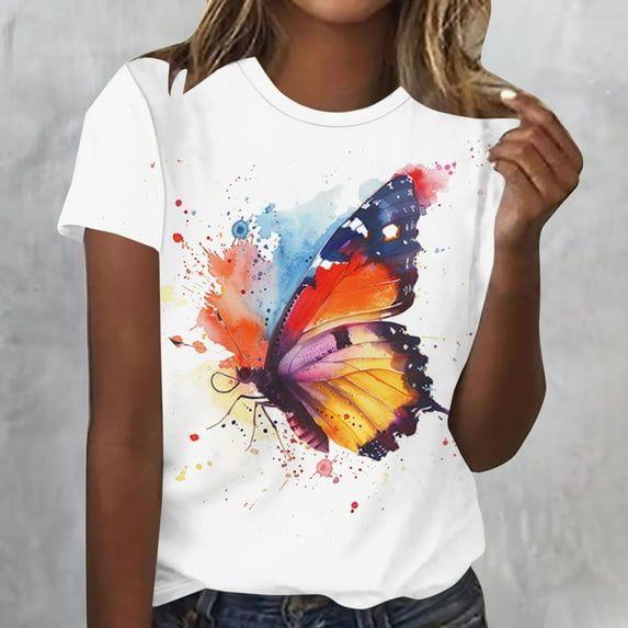 WXLWZYWL Womens Summer Tops Plus Size Short Sleeve Round Neck Tie Dye Shirts Colorful Butterfly Dragonfly Printing Graphic Tees Tops Casual Loose Summer T-Shirt