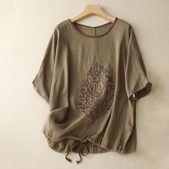 WXLWZYWL Womens Summer Tops Plus Size Short Sleeve Crew Neck Drawstring Hem Tree Branches Embroidery T-Shirt Cotton Linen Tops Blouse Casual Loose Shirts