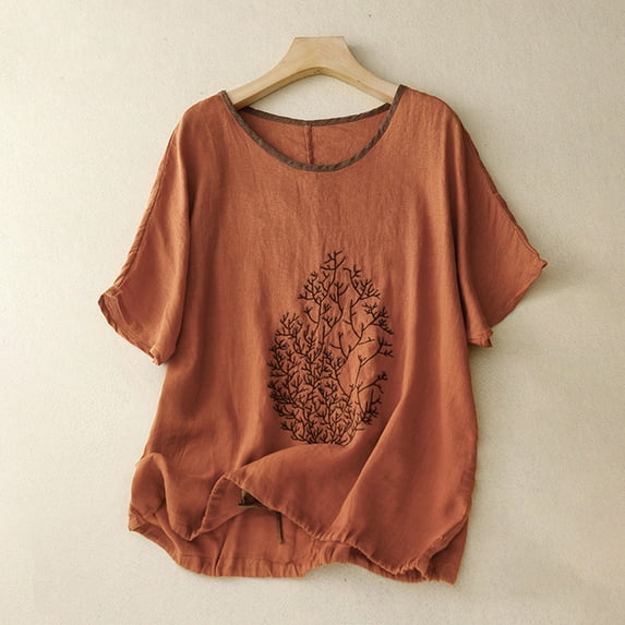 WXLWZYWL Womens Summer Tops Plus Size Short Sleeve Crew Neck Drawstring Hem Tree Branches Embroidery T-Shirt Cotton Linen Tops Blouse Casual Loose Shirts