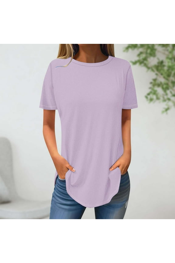 Womens Summer Tops Plus Size Short Sleeve Round Neck Solid Color Casual Loose Pima Cotton Workout Shirt Perfect Yoga T-Shirt Athletic Tee Top